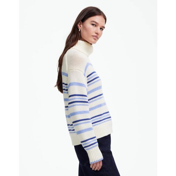 Madewell Ribbed Cotton Turtleneck Sweater WMNS S White Blue Stripes Relaxed Fit - Picture 2 of 8